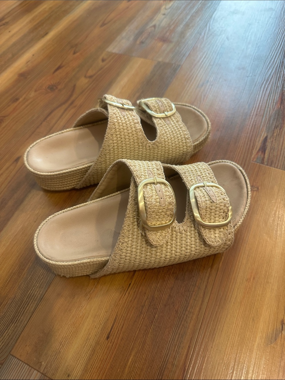 Woven Double-Buckle Slide Sandals - Beige